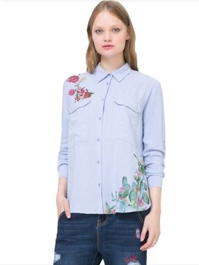 Desigual Light Blue Striped Button-Down with Floral Embroidery